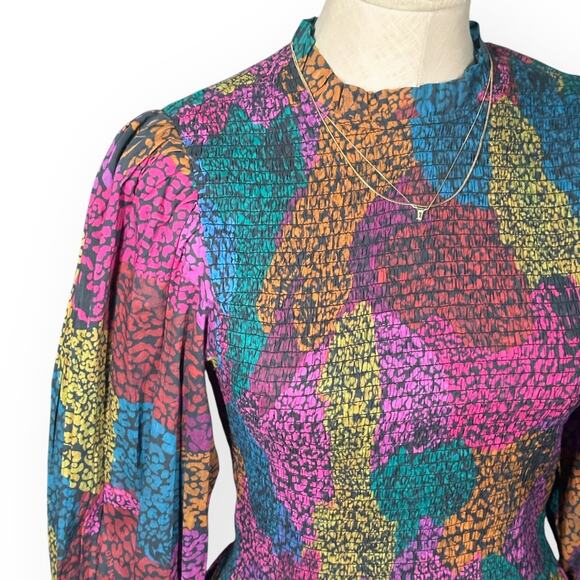 FARM RIO Leopard Rainbow Mix Blouse Smocked Ruffle Boho Cottagecore Glam Indie - Picture 4 of 13